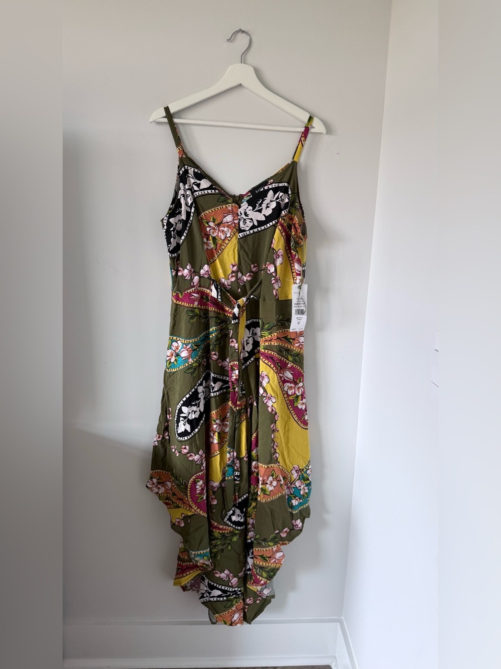 MSK Olive Floral Patchwork Jumpsuit with Pink & Yellow Accents